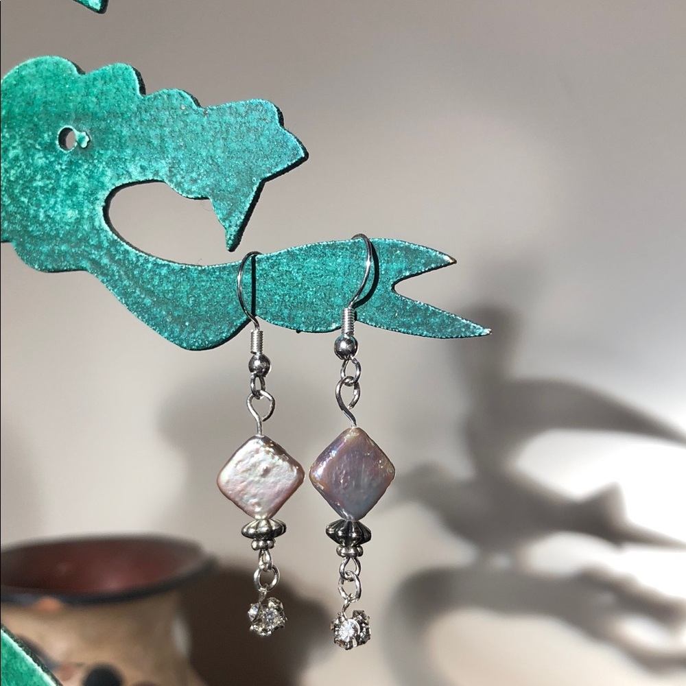 Handmade Freshwater Diamond Pearl Drop Earrings - Iridescent Silver w/ Crystals